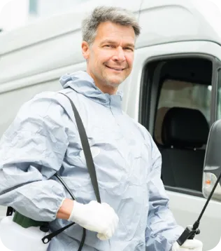 Kammerjäger im weißen Schutzanzug mit Sprühgerät neben einem Servicefahrzeug