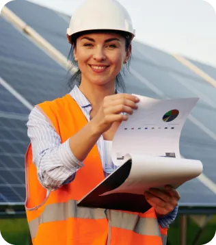 Solartechnikerin mit weißem Helm und Warnweste prüft Unterlagen vor einer Photovoltaikanlage