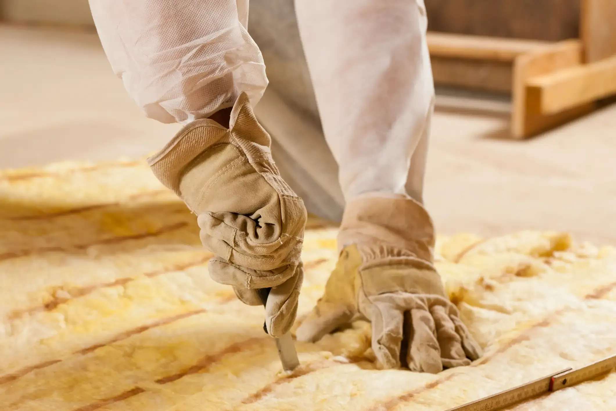 Handwerker im weißen Schutzanzug und mit robusten Arbeitshandschuhen schneidet eine gelbe Dämmmatte aus Glaswolle für eine Dachdämmung mit einem Messer zurecht. Im Vordergrund liegt ein ausgeklappter Gliedermaßstab auf dem Dämmstoff.