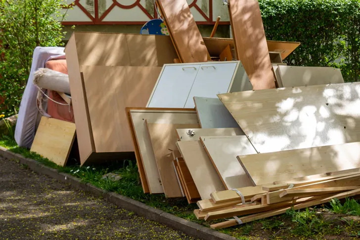 Bei einer Entrümpelung ausgemusterte Möbelteile, Holzplatten und ein zusammengerollter Teppich liegen am Straßenrand vor einem Wohnhaus.