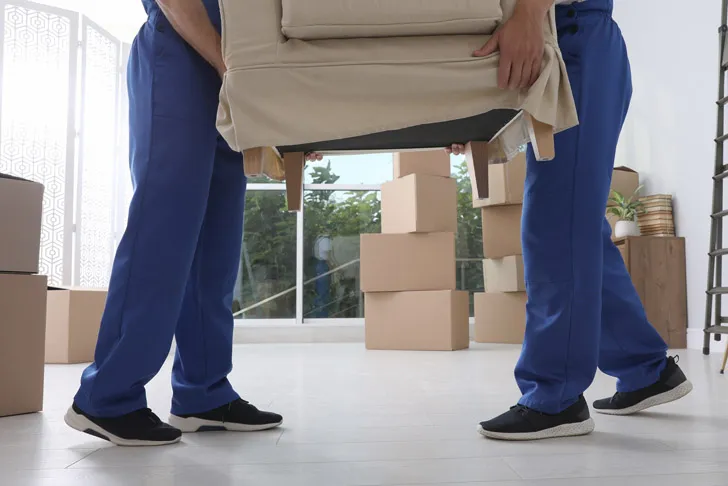 Zwei Mitarbeiter in Arbeitskleidung tragen im Rahmen einer Haushaltsauflösung ein Polstermöbelstück durch einen Raum mit gepackten Umzugskartons.
