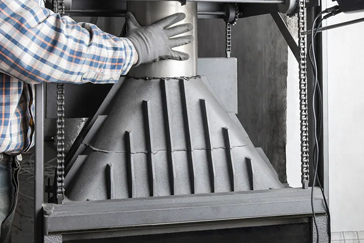 Ein Ofenbauer mit Arbeitshandschuhen und kariertem Hemd arbeitet im Rahmen einer Kaminsanierung an einem Kamineinsatz. Die Hände halten ein silbernes Edelstahlrohr fest, das oben in eine dunkle, konische Rauchgassammelkammer führt. Die Kammer hat vertikale Kühlrippen und ist auf dem Korpus des Kamins montiert. Seitlich am Gerät sind mechanische Kettenzüge sichtbar.