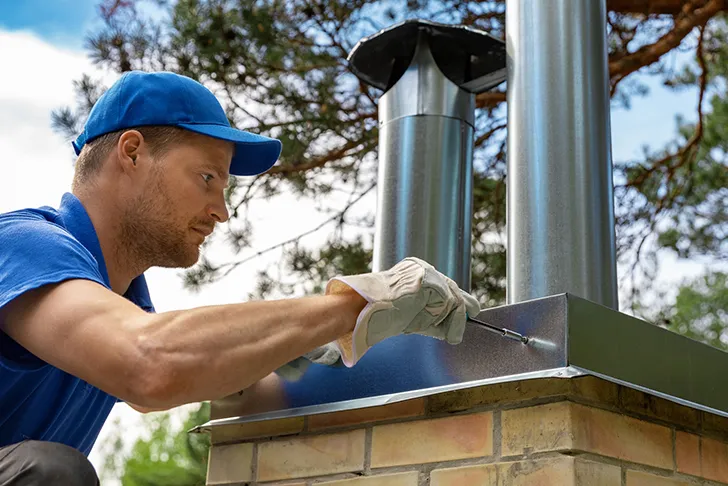 Eine professionelle Schornsteinsanierung auf einem Dach. Ein Handwerker mit blauer Kappe und Arbeitshandschuhen montiert eine silberne Metallabdeckung auf einen gemauerten Schornsteinkopf. Er benutzt einen Schraubendreher, um die Verkleidung zu fixieren. Im Hintergrund ragen zwei weitere Edelstahlrohre aus dem Schornstein empor.