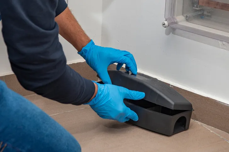 Ein Kammerjäger platziert zur Mäusebekämpfung eine schwarze Köderbox mit blauen Einweghandschuhen auf einem Fliesenboden in einer Raumecke. Die Köderbox steht nahe einer weißen Wand und einer Sockelleiste.